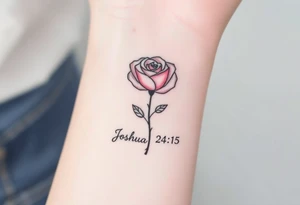 fine-line rose on my inner wrist, with the stem flowing down into the word Joshua 24:15 in tiny clean text underneath tattoo idea
