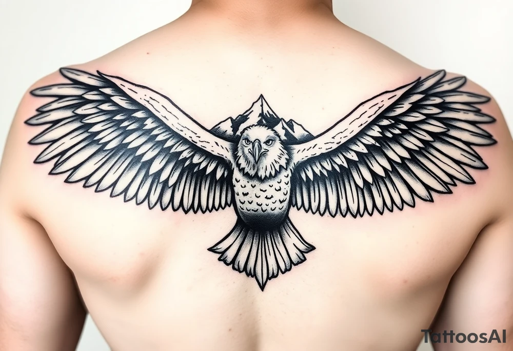 majestic eagle spreading wings against mountain peaks tattoo idea