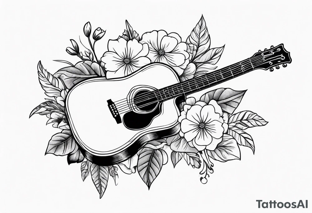 old school traditional vintage style design of guitar with flowers surrounding it tattoo idea