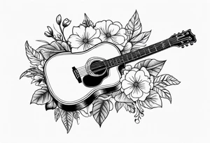 old school traditional vintage style design of guitar with flowers surrounding it tattoo idea