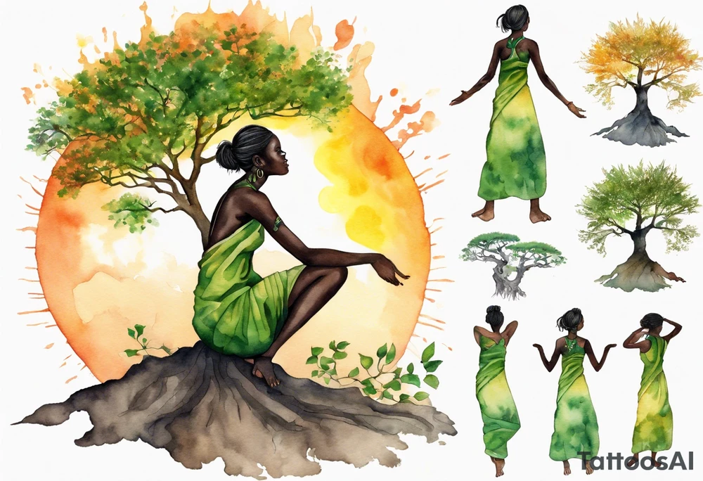 A solitary tree woman with dark skin with green eyes with feet planted in the dirt and branch arms reaching up towards the blazing sun above her tattoo idea