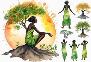 A solitary tree woman with dark skin with green eyes with feet planted in the dirt and branch arms reaching up towards the blazing sun above her tattoo idea