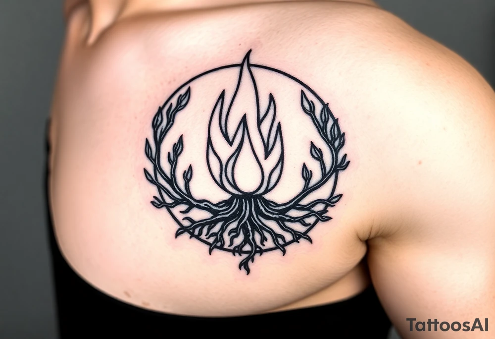 flame in a blooming roots circle tattoo idea