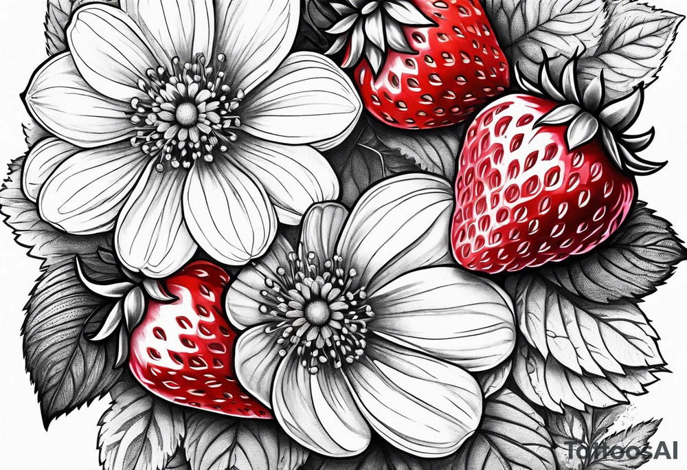 Strawberry, raspberries,  mixed with flowers, 3d tattoo, long leg piece, high detail tattoo idea