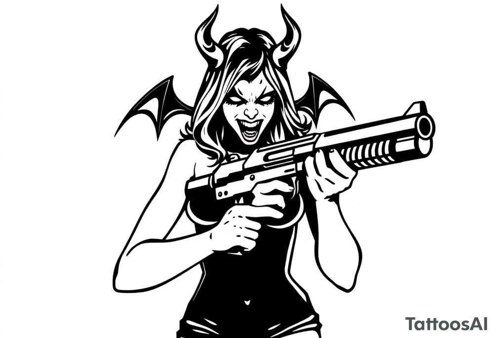 angry succubus holding gun tattoo idea