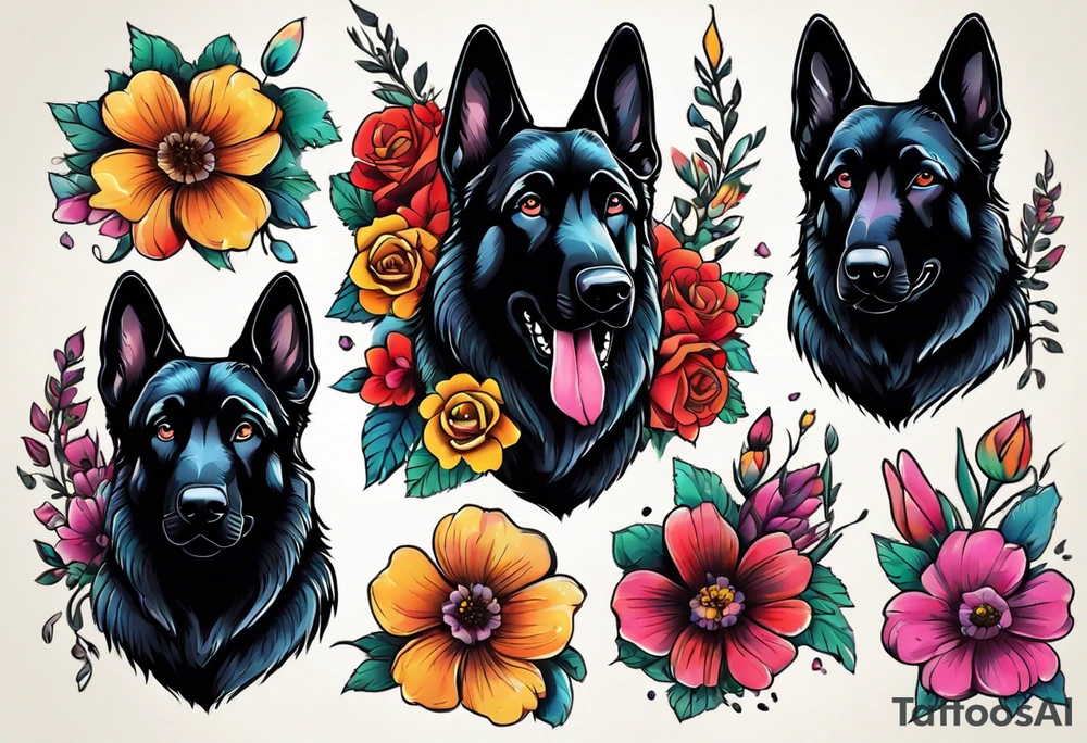 Black German shepherd portrait brightly colored with flowers tattoo idea