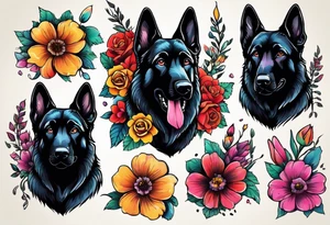 Black German shepherd portrait brightly colored with flowers tattoo idea
