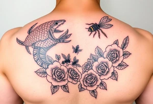 Colorful sea creatures with honey comb, bees, and roses tattoo idea