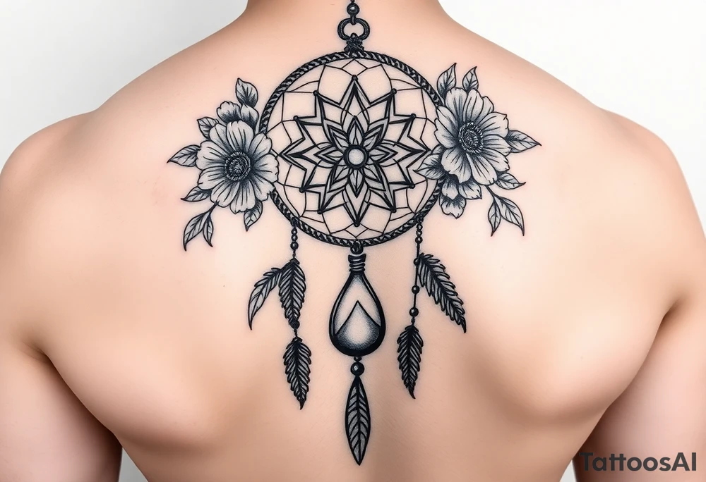 Boho dream catcher with gothic compass and hourglass. Beautiful flowers and an ornamental chandelier like look tattoo idea