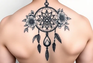Boho dream catcher with gothic compass and hourglass. Beautiful flowers and an ornamental chandelier like look tattoo idea