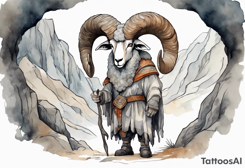 a broad-shouldered man with the head of a big-horned sheep, wearing a grey tunic standing before a cave tattoo idea
