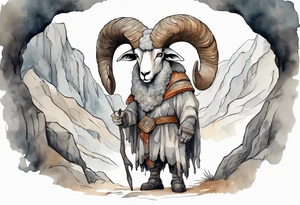 a broad-shouldered man with the head of a big-horned sheep, wearing a grey tunic standing before a cave tattoo idea