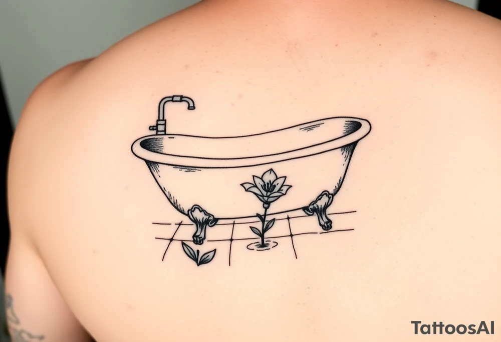 clawfoot bathtub with simple faucet and lily coming up out of the tile floor tattoo idea