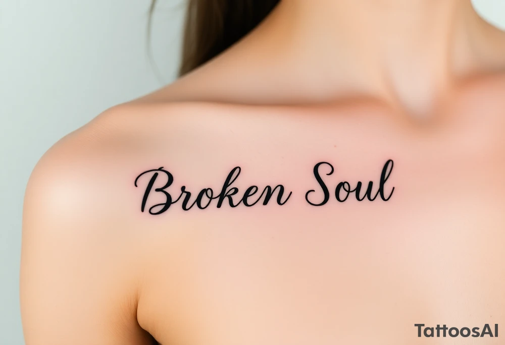 Broken Soul, wrote in fancy thin lined cursive writing, to be placed on the side of breast tattoo idea