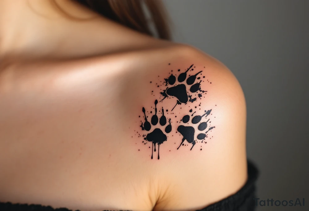 Inky Brushstroke Paw Prints – Artistic black ink splashes and rough brushstroke texture surrounding each paw, evoking movement and creative spirit. tattoo idea