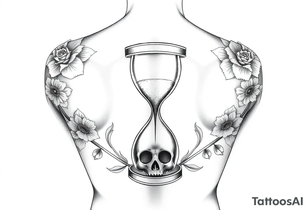 A back tattoo with soft matching florals on each shoulder going toward the middle of the back. In the middle theres an hourglass with a skull on the bottom that the sand is pouring into. tattoo idea