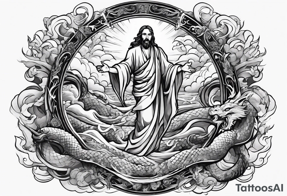 Almighty Jesus Christ descending from Heaven to destroy a powerful Serpent in the ocean tattoo idea