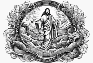 Almighty Jesus Christ descending from Heaven to destroy a powerful Serpent in the ocean tattoo idea