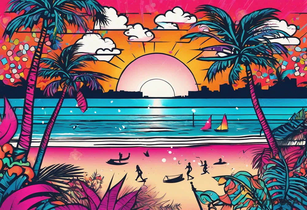 1980's miami vice style beach dance 
party, include confetti, music notes, boom box, bikinis sunset in the center tattoo idea