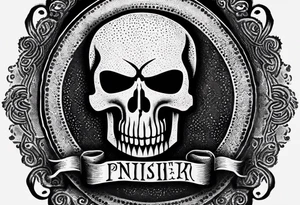 The Punisher skull with Manners Maketh Man text tattoo idea