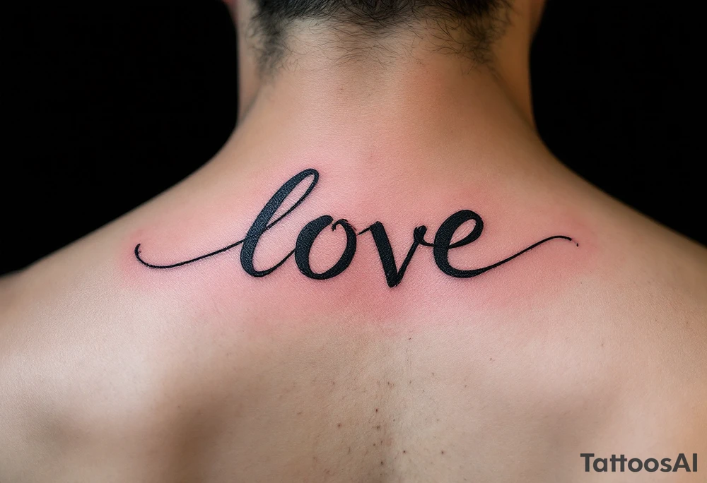 Brushstroke style tattoo in dark ink love faith hope with a crimson heart replacing the letter "o" in "love". tattoo idea