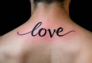 Brushstroke style tattoo in dark ink love faith hope with a crimson heart replacing the letter "o" in "love". tattoo idea