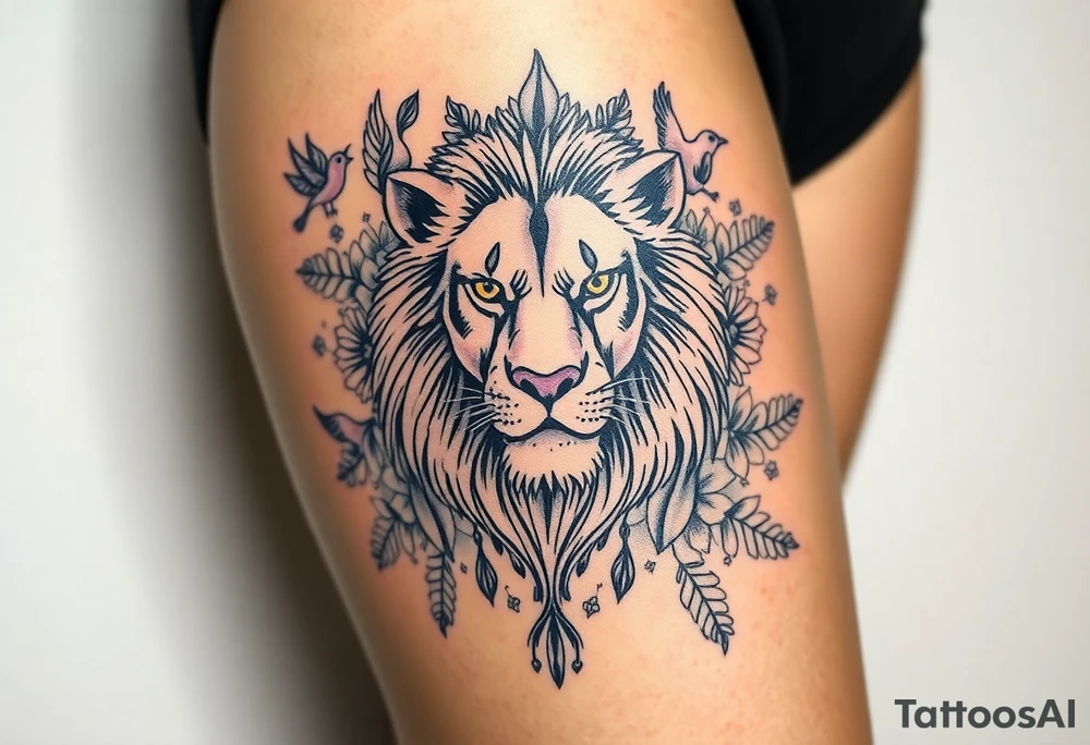 powerful majestic lion with a crown, surrounded by floral ornaments and birds tattoo idea