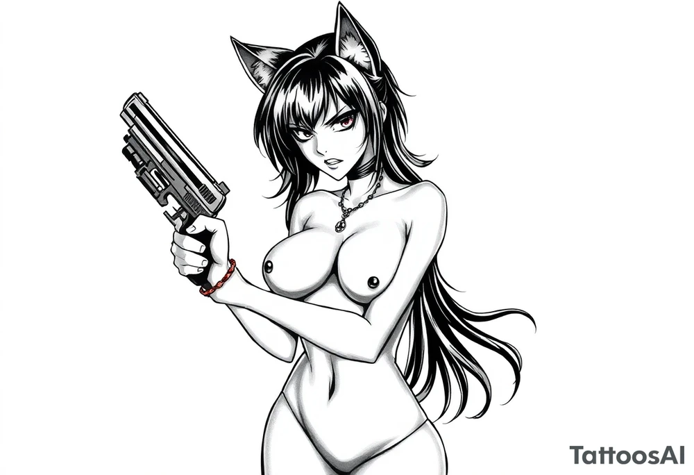 naked catgirl, slut, angry, anime, holding gun, black tattoo idea