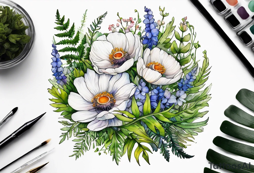 wild flowers with ferns and white anemone all watercolor tattoo idea