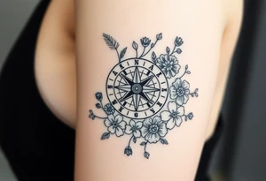 Abstract Compass surrounded with wild flowers tattoo idea