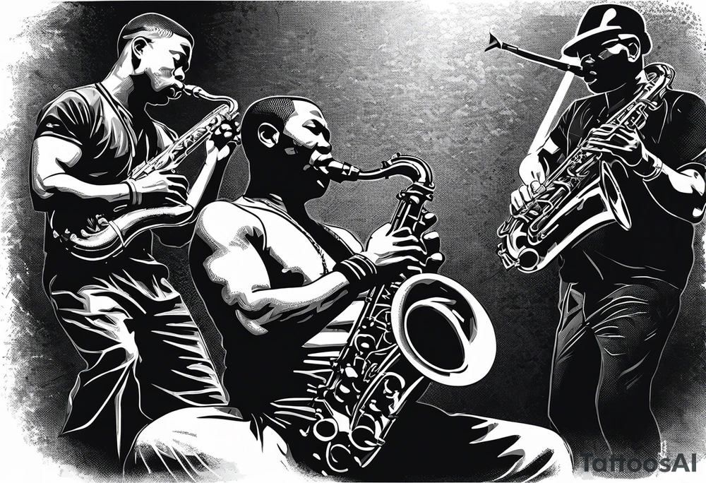 Muay Thai boxer with strong body is playing jazz on a Selmer tenor saxophone in a jazz club front of a jazz trio band. The notes are coming out from the saxophone and turning into buddhist symbols. tattoo idea