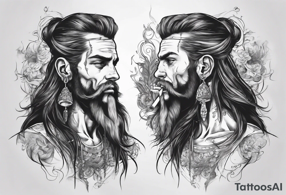 A man standing full-length, with long hair, no beard, smoking a cigarette, with earrings in his ears, no headgear tattoo idea