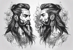 A man standing full-length, with long hair, no beard, smoking a cigarette, with earrings in his ears, no headgear tattoo idea