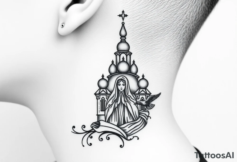 Flowing Scene

A single onion dome rising up toward the ear
Virgin Mary in prayer pose wrapping around the lower neck curve
A small eagle or just the star tucked above the dome near the hairline tattoo idea