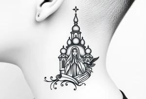Flowing Scene

A single onion dome rising up toward the ear
Virgin Mary in prayer pose wrapping around the lower neck curve
A small eagle or just the star tucked above the dome near the hairline tattoo idea