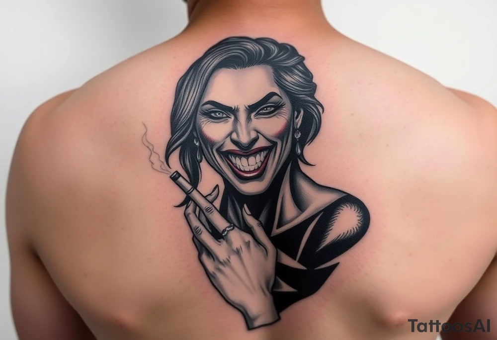 Evil smiling woman holding a cigarette tattoo idea