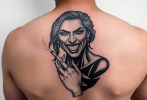 Evil smiling woman holding a cigarette tattoo idea