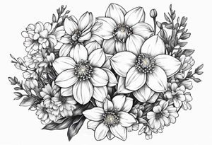 Narcissus, CHRYSANTHEMUM, COSMOS, SNOW DROP in a bouquet with stems tattoo idea