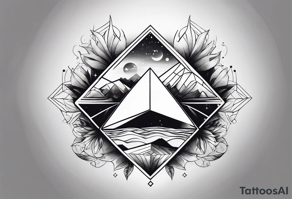 thick line art of space and nature in diamond shape tattoo idea