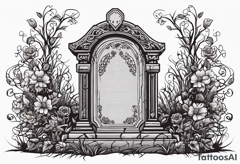 gravestone, gravestone has vines and flowers on it, skeleton hand coming out of the ground, the gravestone says “i’ll crawl home to her tattoo idea