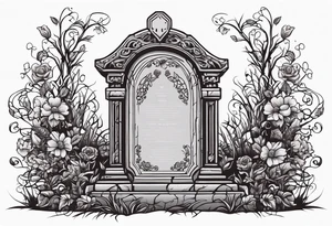 gravestone, gravestone has vines and flowers on it, skeleton hand coming out of the ground, the gravestone says “i’ll crawl home to her tattoo idea