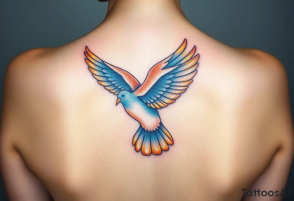 A flying collared dove with a glowing halo, in soft golden hues, with a blue-gray gradient for the bird, symbolizing divine guidance and purity tattoo idea