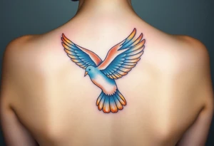 A flying collared dove with a glowing halo, in soft golden hues, with a blue-gray gradient for the bird, symbolizing divine guidance and purity tattoo idea