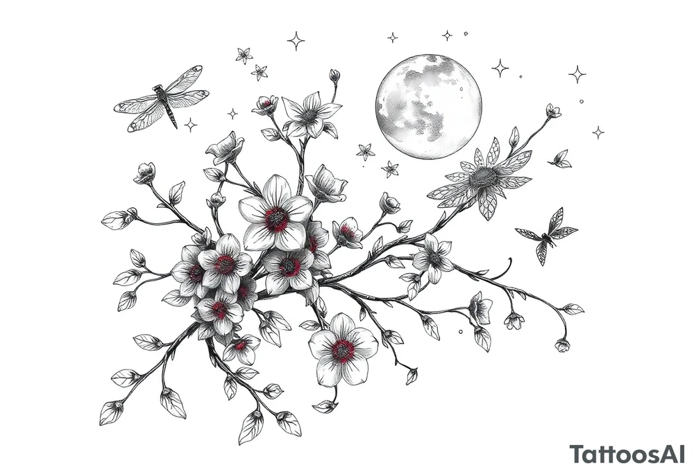 full arm thick vines with small mystical flowers, dragonflies, stars, celestial moon tattoo idea