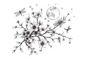 full arm thick vines with small mystical flowers, dragonflies, stars, celestial moon tattoo idea