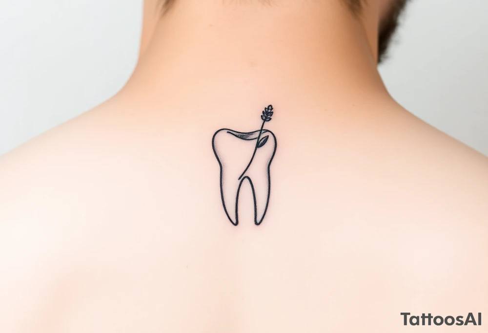 Minimalist single-line molar tooth with a tiny sprig of lavender gently wrapping around one side, soft shading only at the roots, elegant and feminine, ideal for behind-ear placement.” tattoo idea