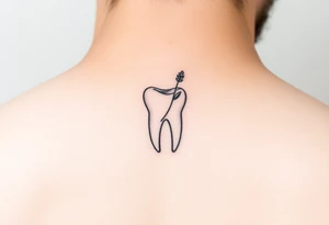 Minimalist single-line molar tooth with a tiny sprig of lavender gently wrapping around one side, soft shading only at the roots, elegant and feminine, ideal for behind-ear placement.” tattoo idea