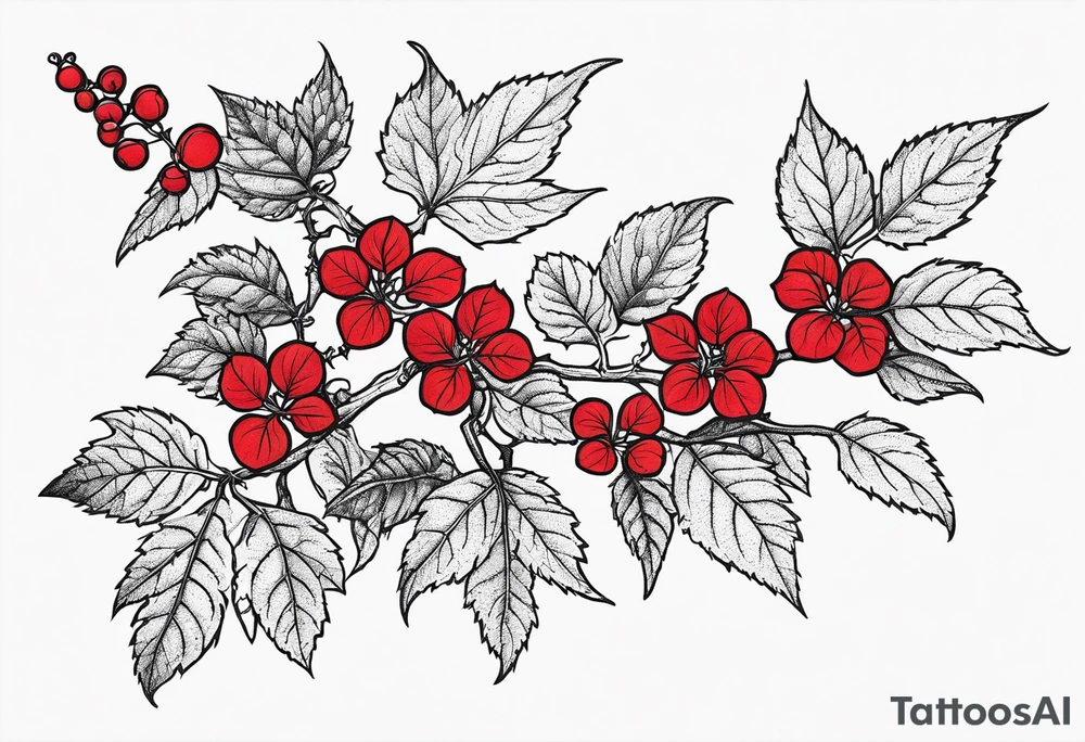 Poison oak vines with red a green coloration to wrap around leg and hips tattoo idea