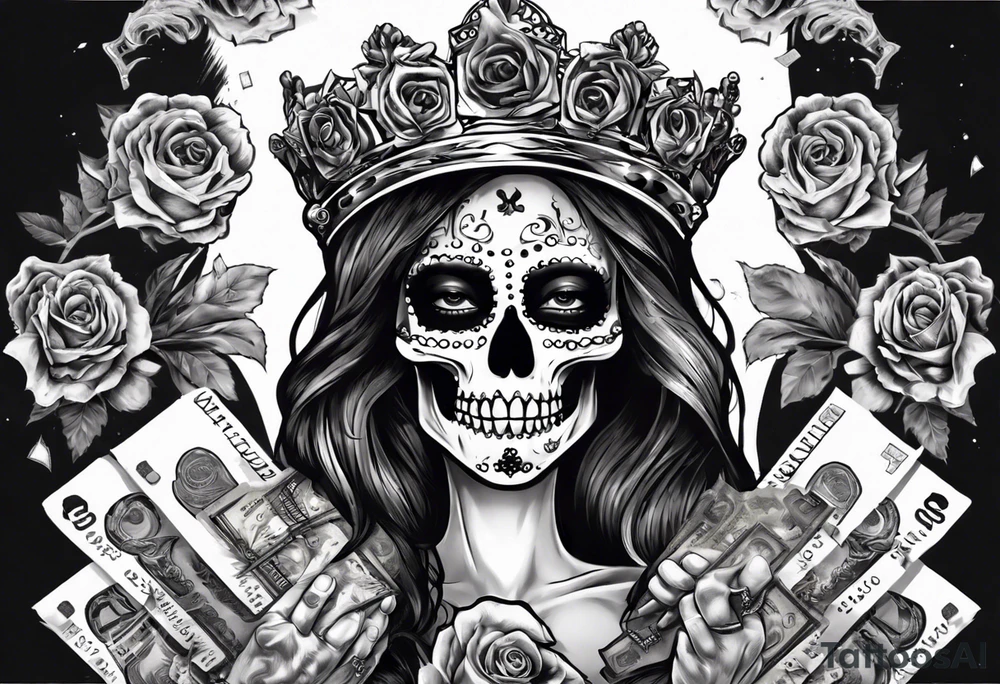 santa la muerta with money and crown
on the card tattoo idea