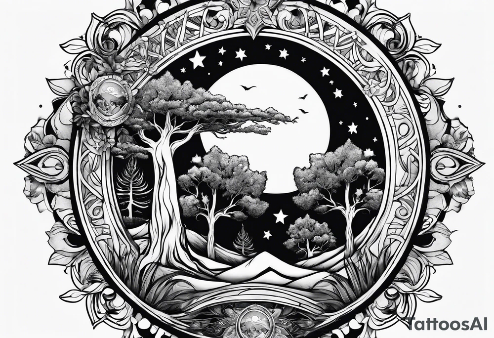 Sun and moon and fire forrest tattoo idea
